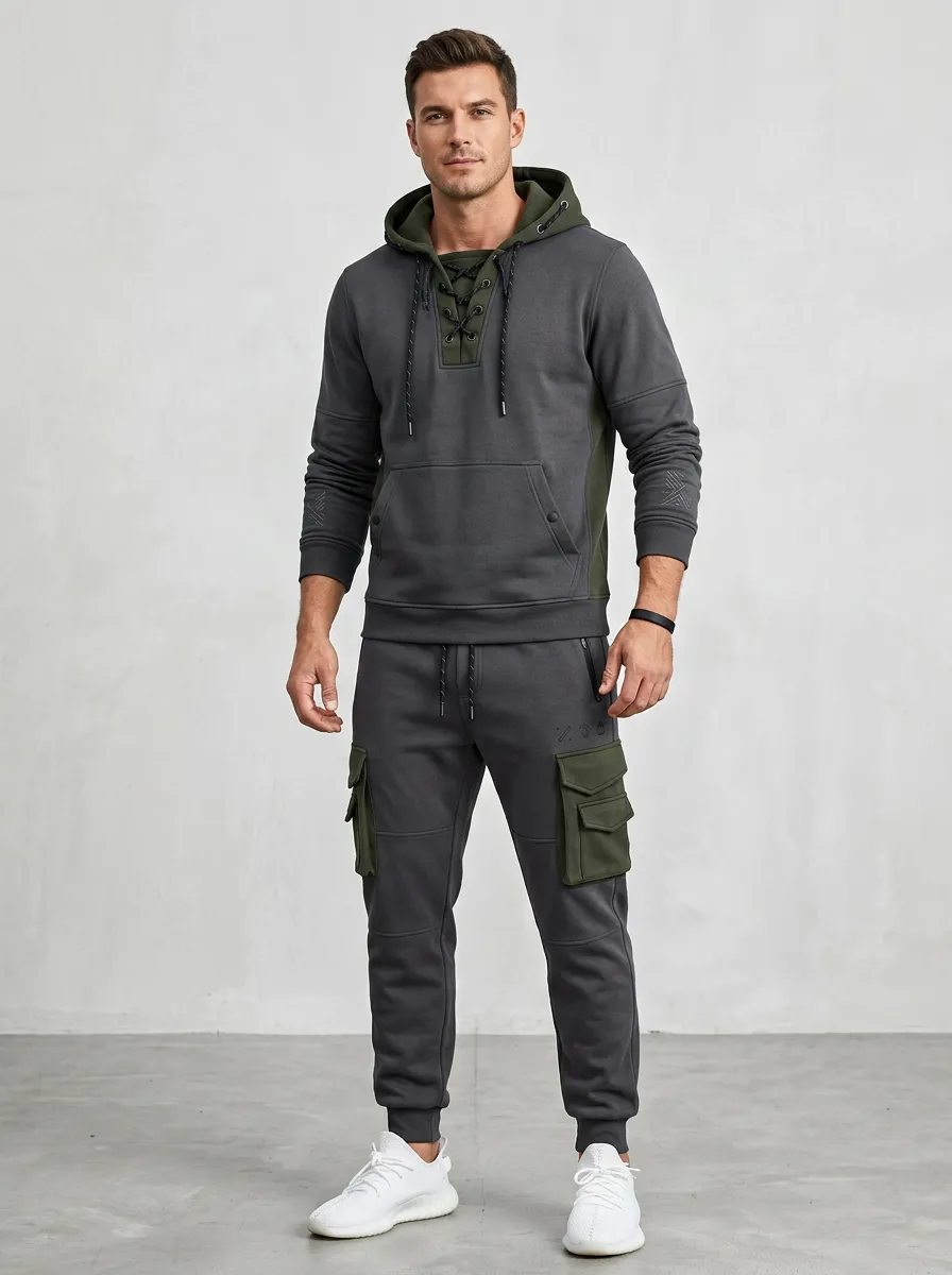 Urban Lace-Up Multi Pocket Silhouette Men's Lace Up Hoodie And Cargo Jogger Set
