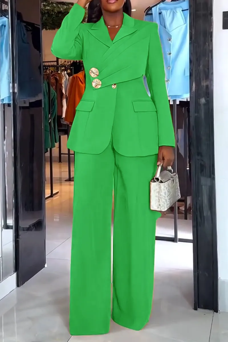 Women Collar Splicing Jacket+ Wide Leg Pants Temperament Commuting Formal Suit