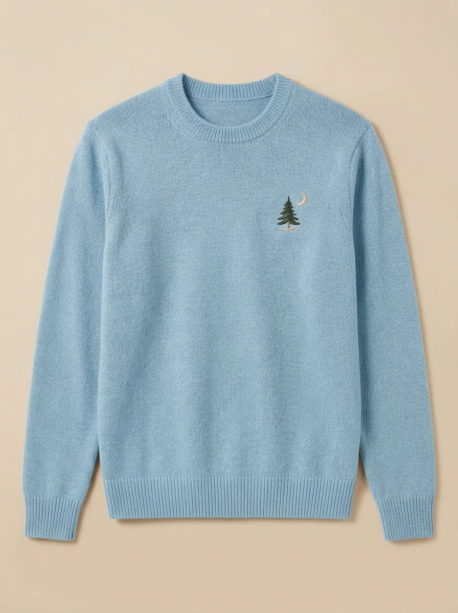 Men's Pine Moon Embroidered Fine-Knit Crewneck Sweater
