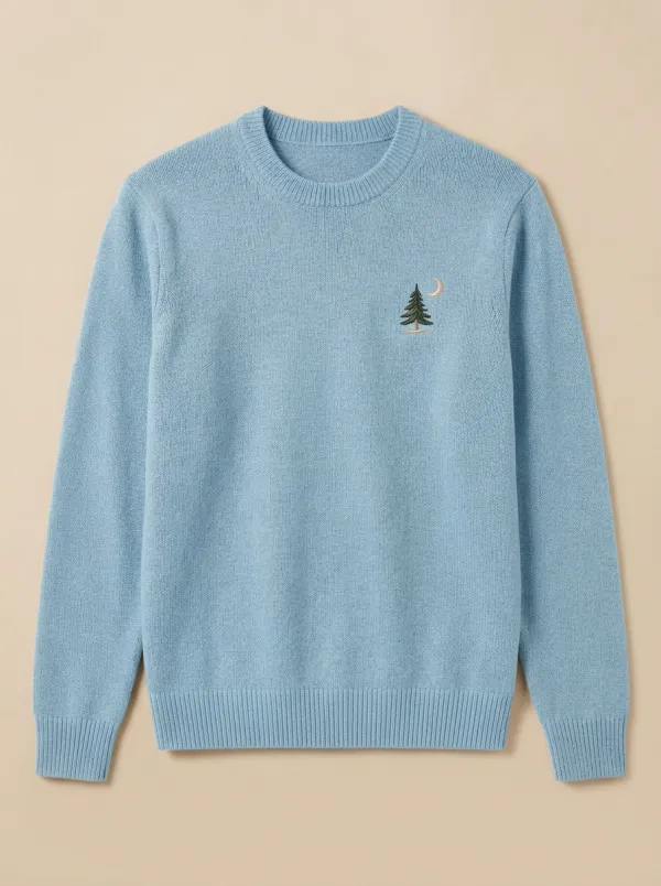 Men's Pine Moon Embroidered Fine-Knit Crewneck Sweater
