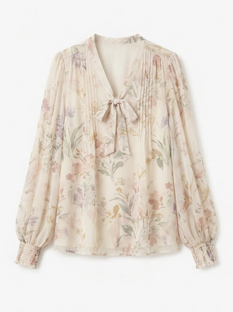 Women's Floral Print Bow Tie Pleated Chiffon Blouse