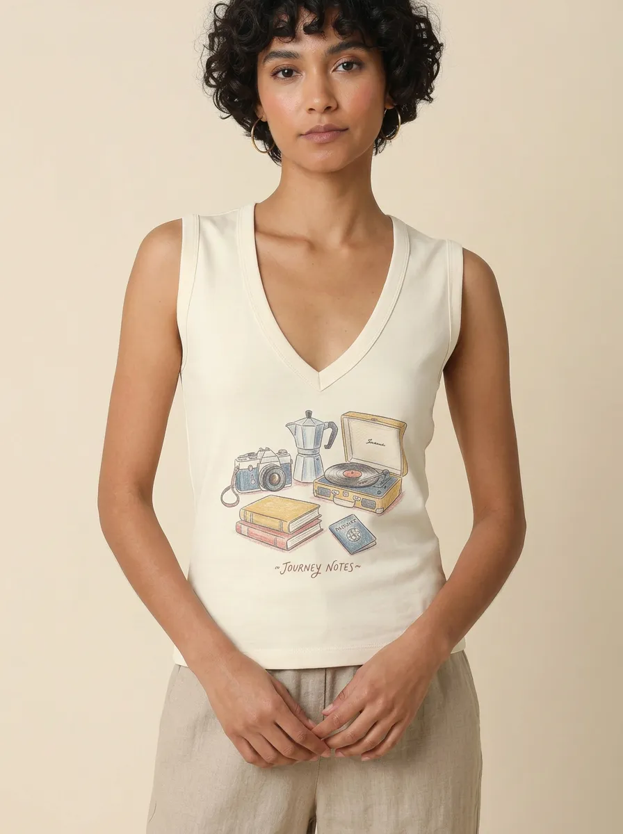 Women's Travel Lover Journey Notes Camera Record Player Printed Tank Top