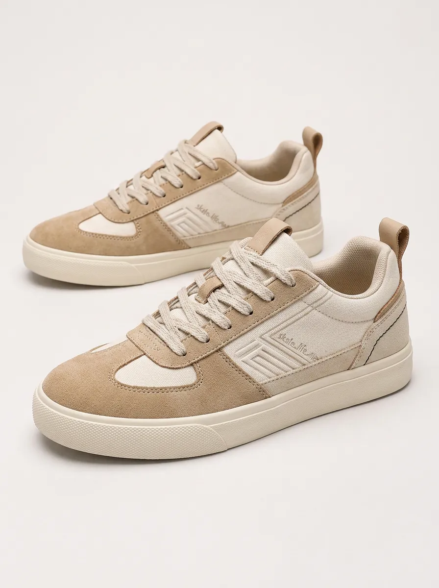 Men's Skate Life Beige Suede Canvas Printed Sneakers