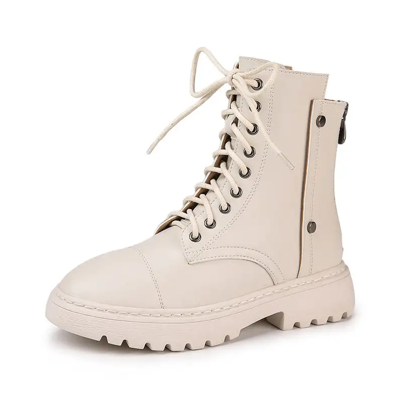 Flat Thick Platform Combat Boots Back Zipper Biker Boots