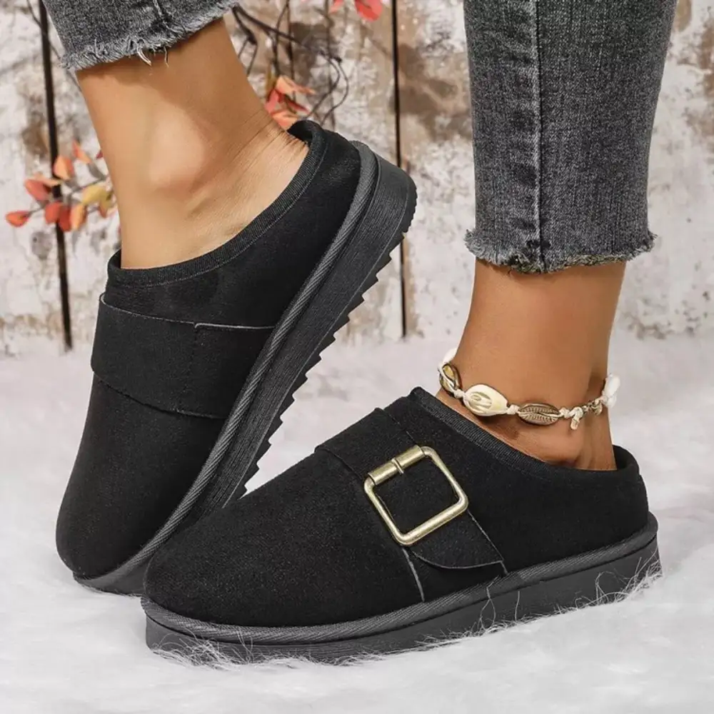 Buckle Decor Plush Lined Warm Slippers