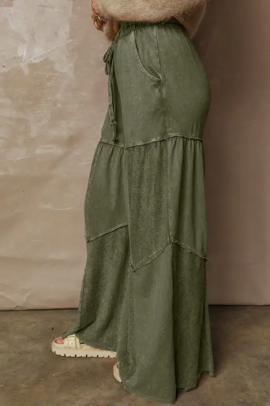 Mineral Wash Patchwork Tiered Wide Leg Pants