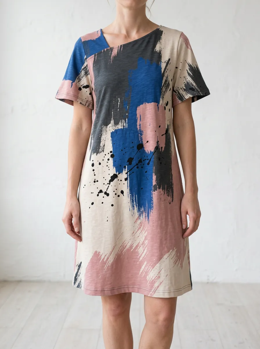 Women's Abstract Art Blue Pink Paint Splatter Printed Dress