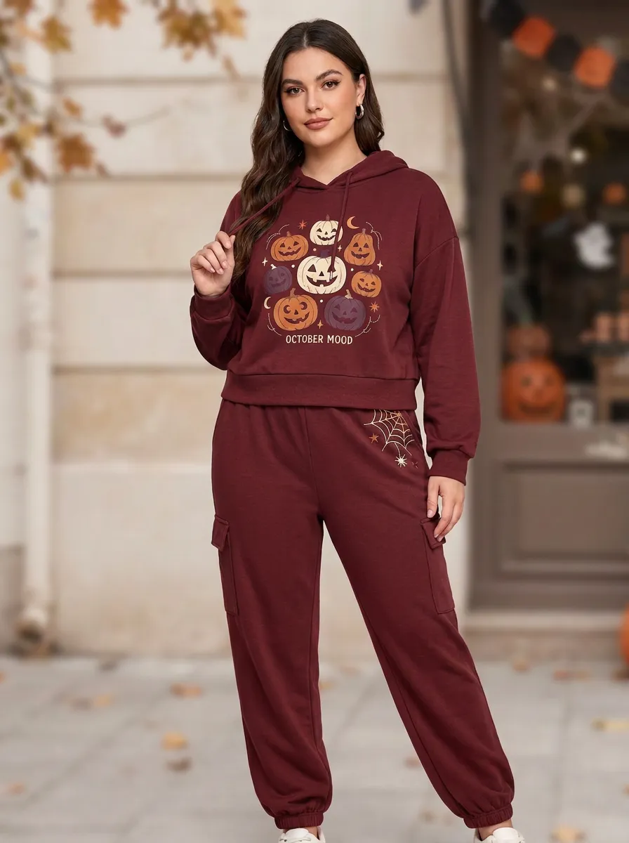 Women's Halloween Pumpkin October Mood Printed Jogger Set