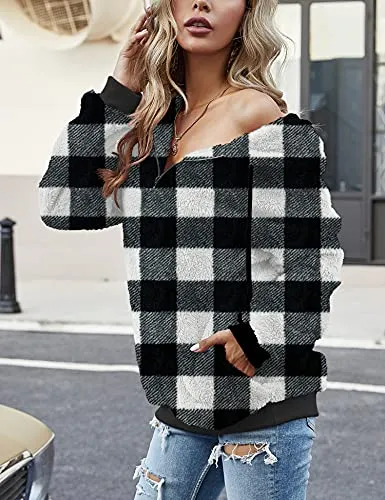 Women Casual Double Fuzzy Sweatshirt Faux Fleece Zip Pullover Hoodies Coat Outwear S-XXL