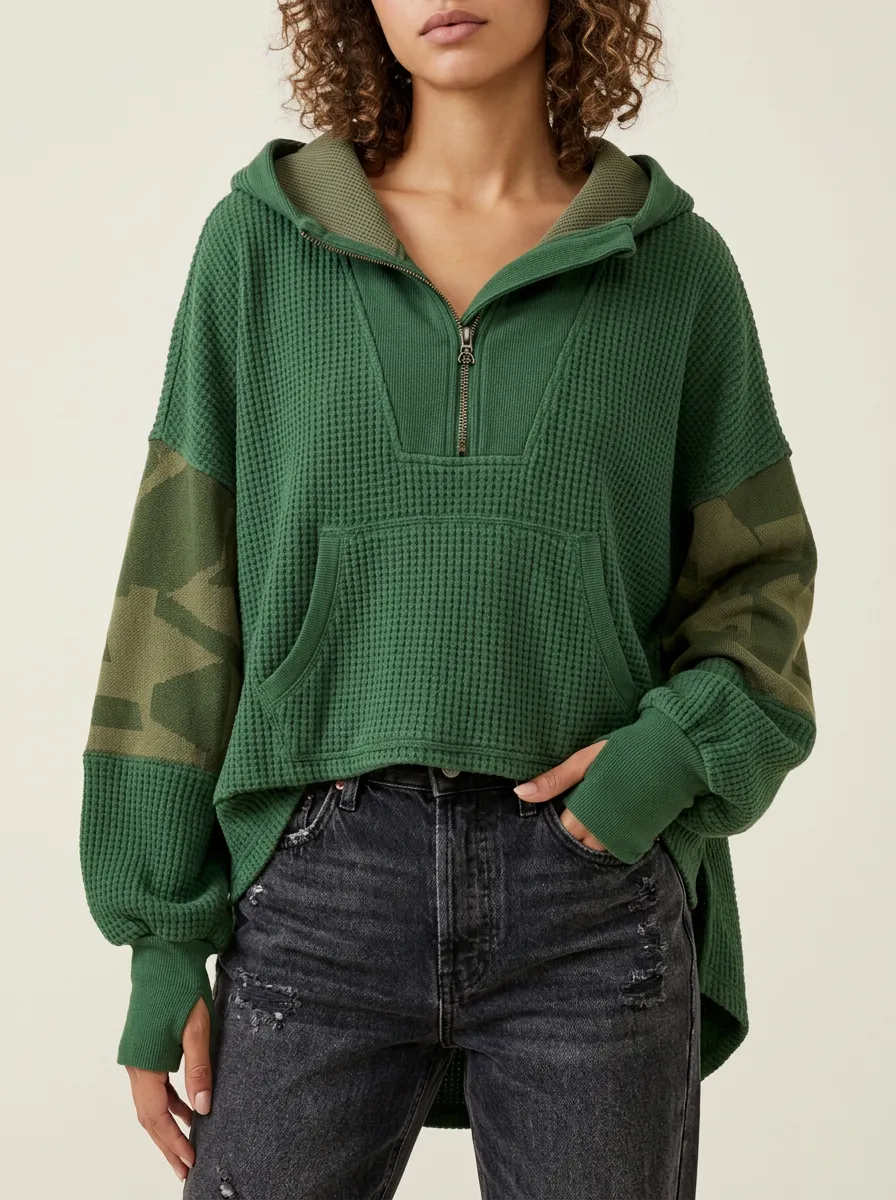 Women's Green Camo Sleeve Waffle Knit Quarter Zip Hoodie