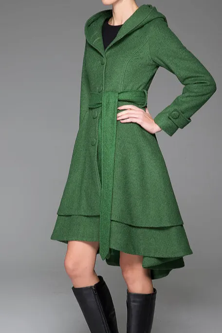 Refined Wool Fit and Flare Hooded Pocketed Button Front Coat