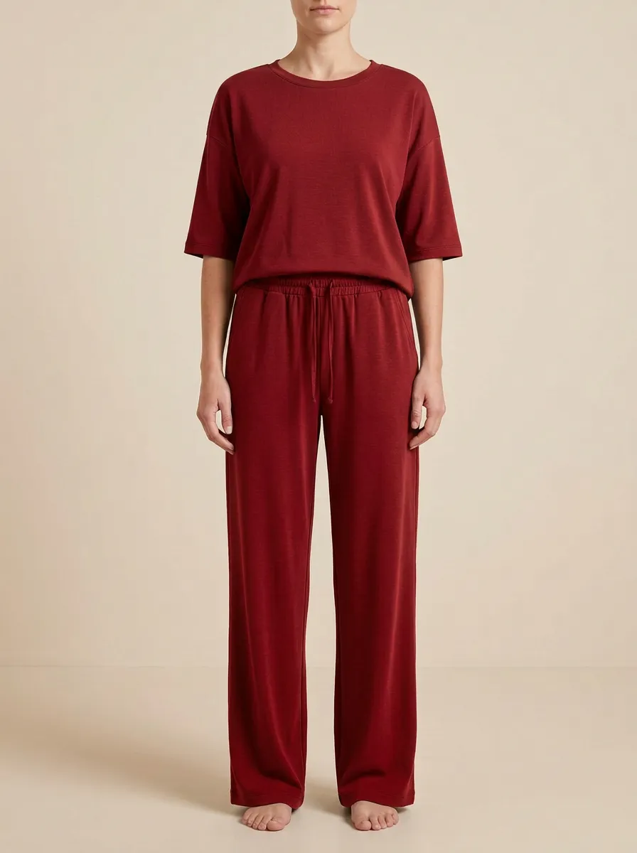 Women's Elbow-Sleeve Crewneck Top And Drawstring Straight-Leg Trouser Lounge Set