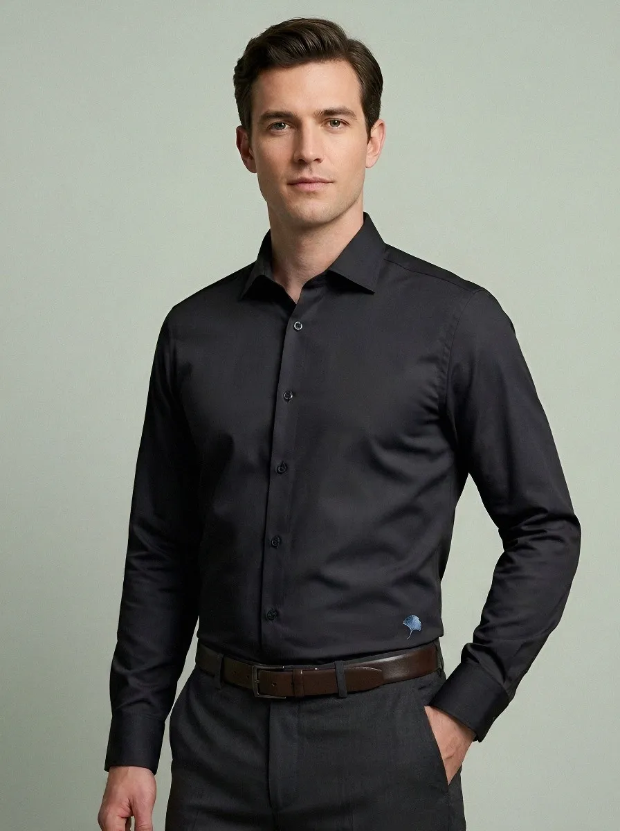 Men's Non-Iron Cotton Ginkgo Leaf Embroidered Dress Shirt