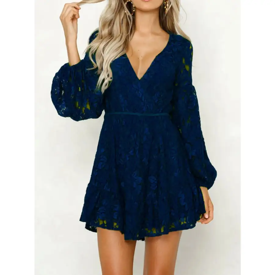 Lace V-Neck Long Sleeve Mini Dress