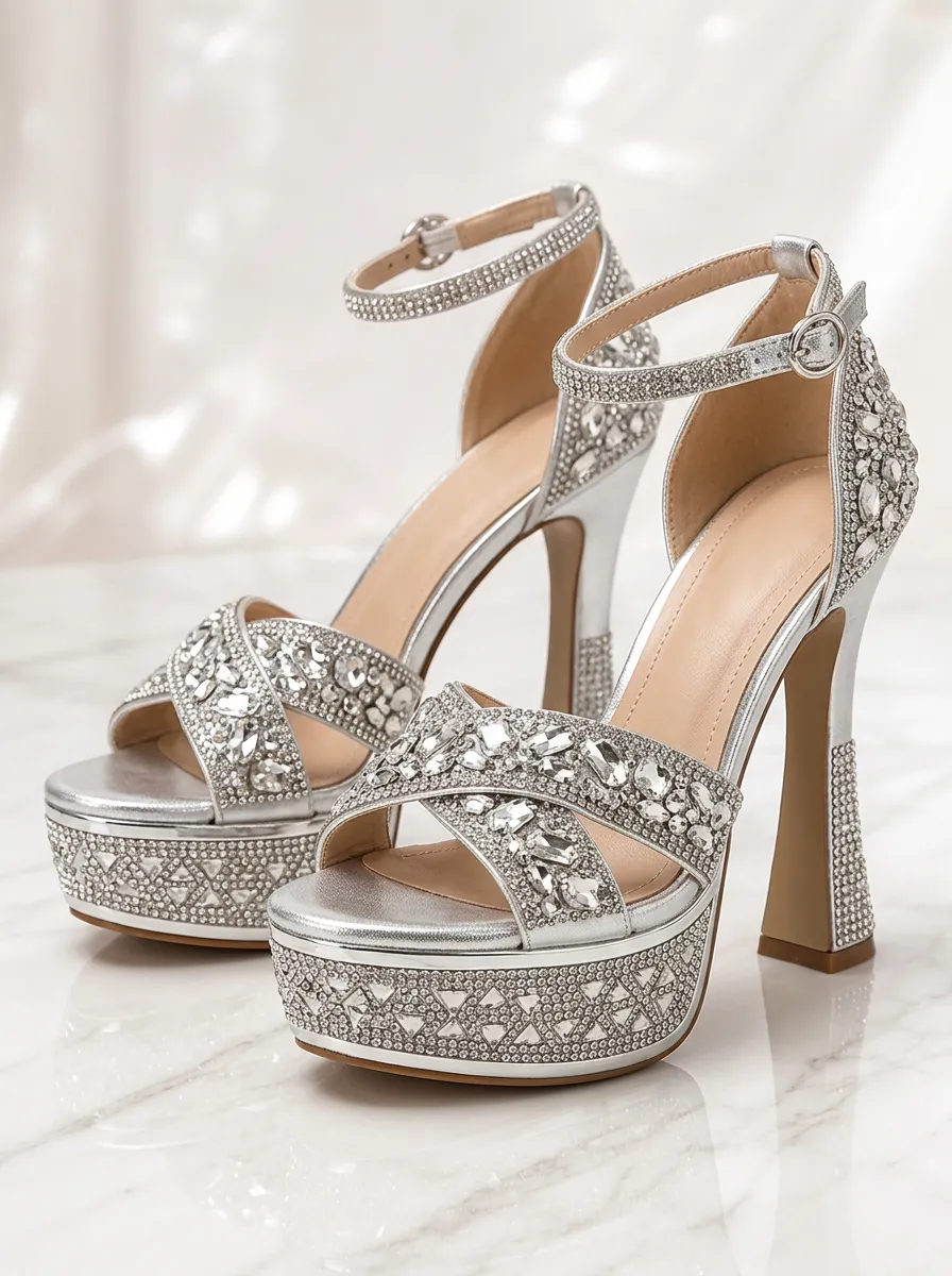 Women's Refined Wedding Party Silver Rhinestone Embellished Platform High Heel Sandals