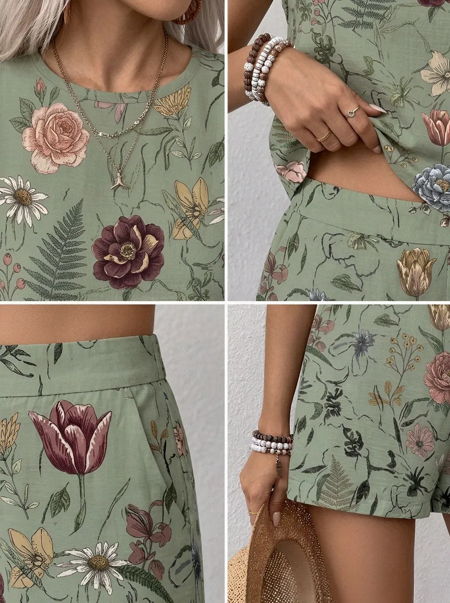 Women's Vintage Botanical Floral Printed Sleeveless Shorts Set
