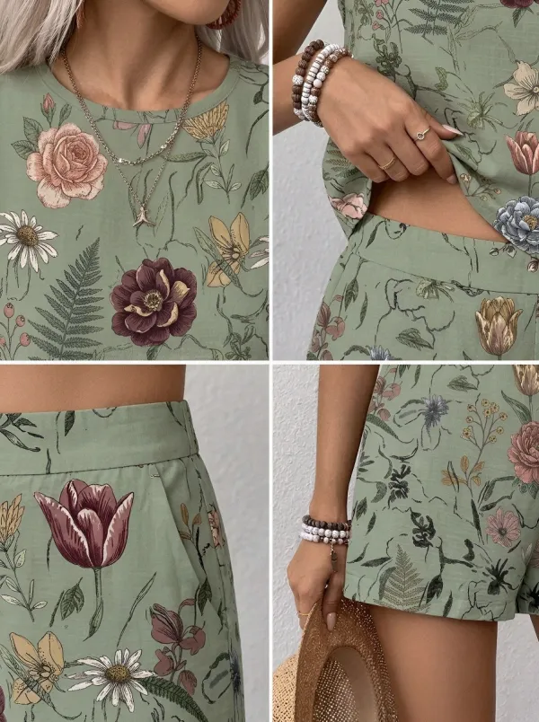 Women's Vintage Botanical Floral Printed Sleeveless Shorts Set