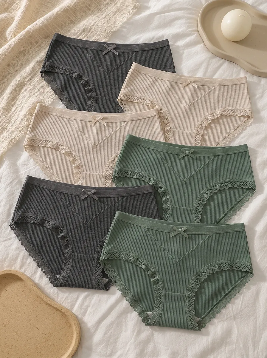 Women's Ribbed Lace Trim Bowknot Decorated Cotton Panties Set