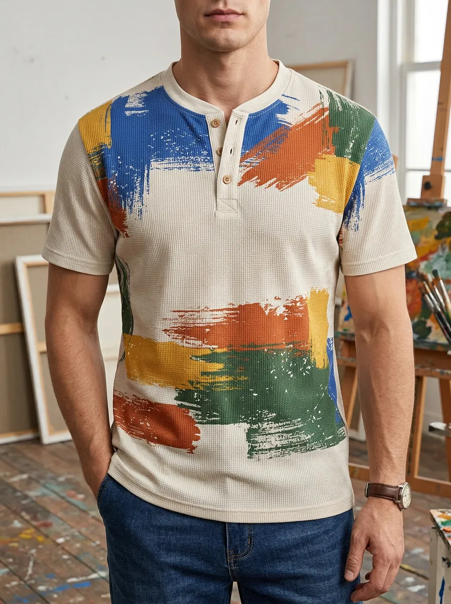 Men's Relaxed Abstract Paint Stroke Waffle Henley T-Shirt