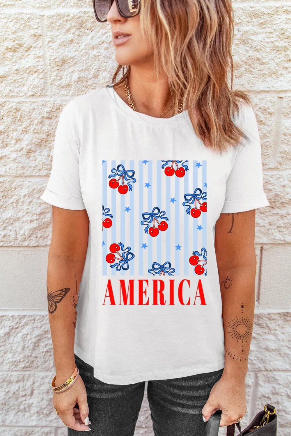 White Bow Cherry Graphic Crewneck Tee