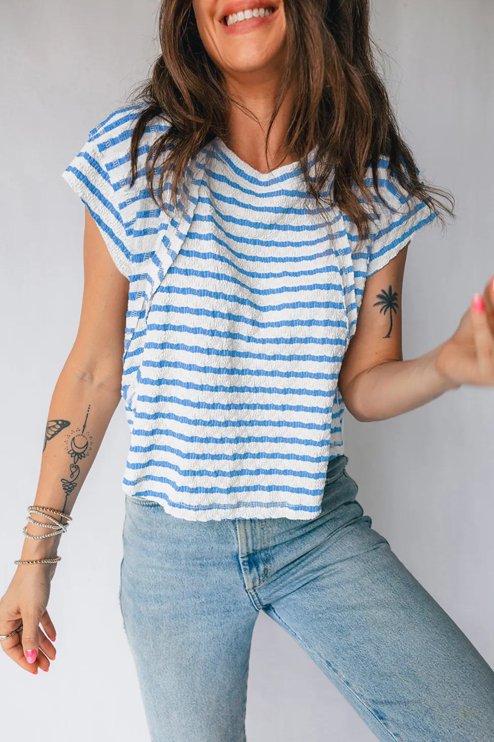 Blue Stripe Textured Short Sleeve Tee