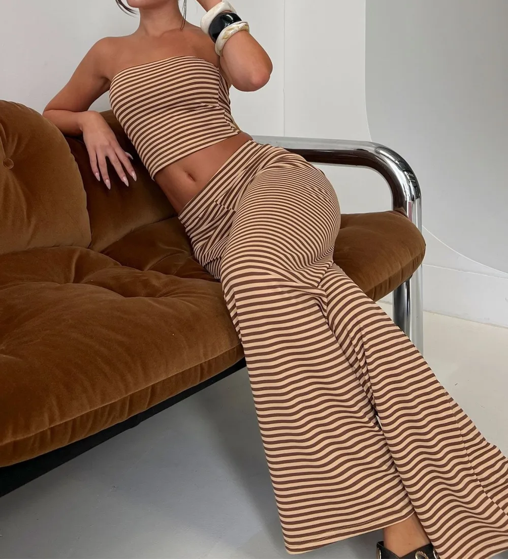 Brown Striped Mid-Rise Straight-Leg Pants