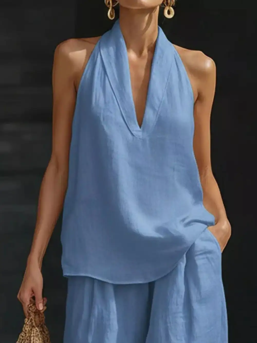 Halter Neck Top and Wide Leg Pants Set