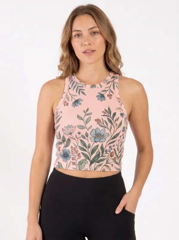 Women's Botanical Floral Nature Graphic Ribbed Crop Tank Top