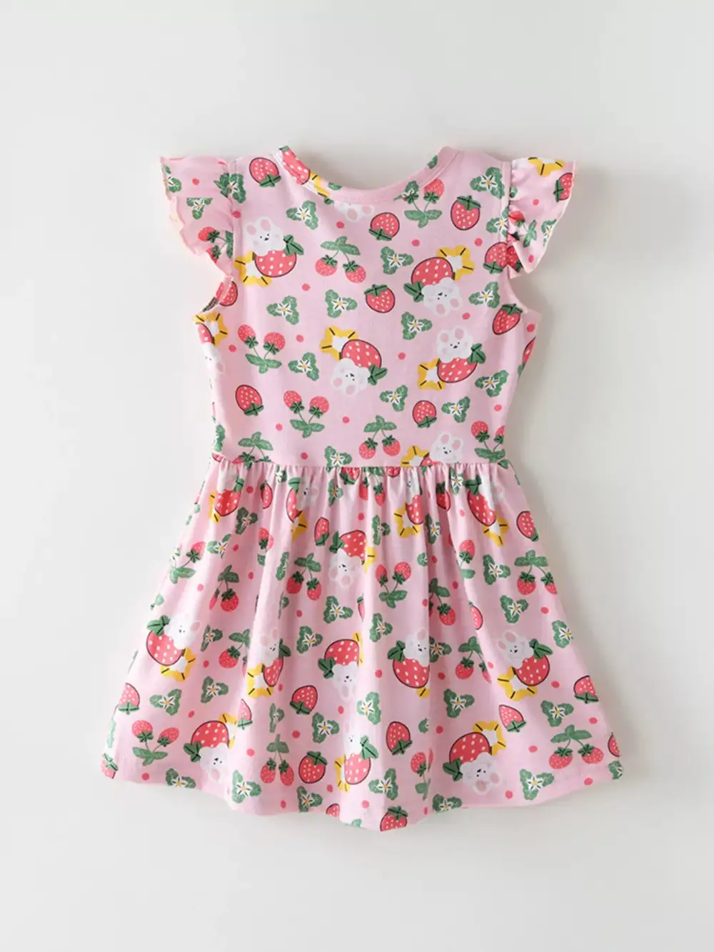 Girls Strawberry Print Ruffle Sleeve Dress