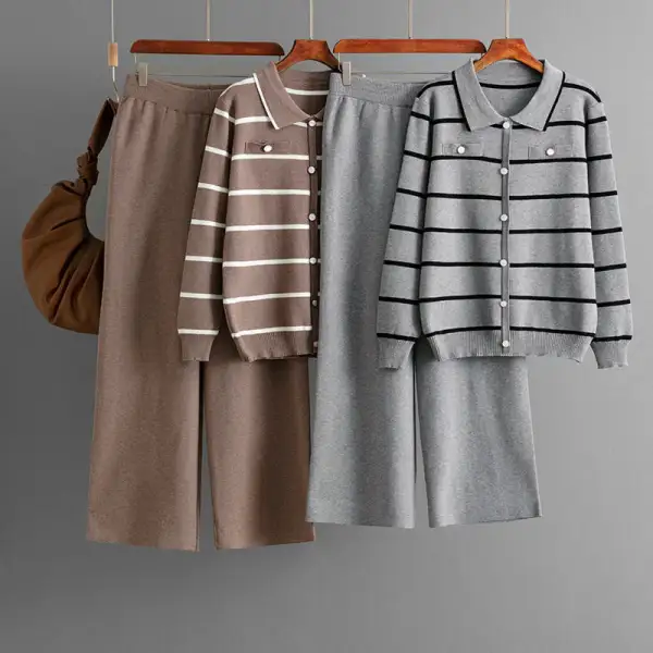 Comfort Striped Polo Knit Sweater And Wide Leg Pants Set