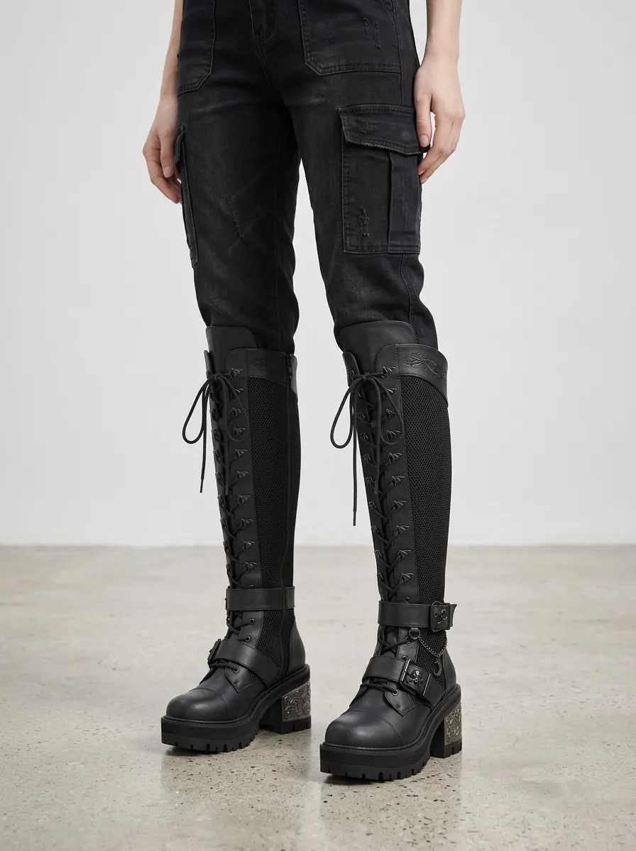 Gothic Revival Skull Moon Thorn Punk Look Women's Gothic Platform Knee High Boots
