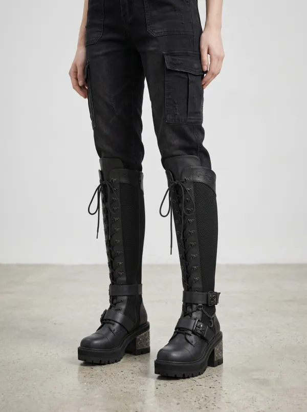 Gothic Revival Skull Moon Thorn Punk Look Women's Gothic Platform Knee High Boots