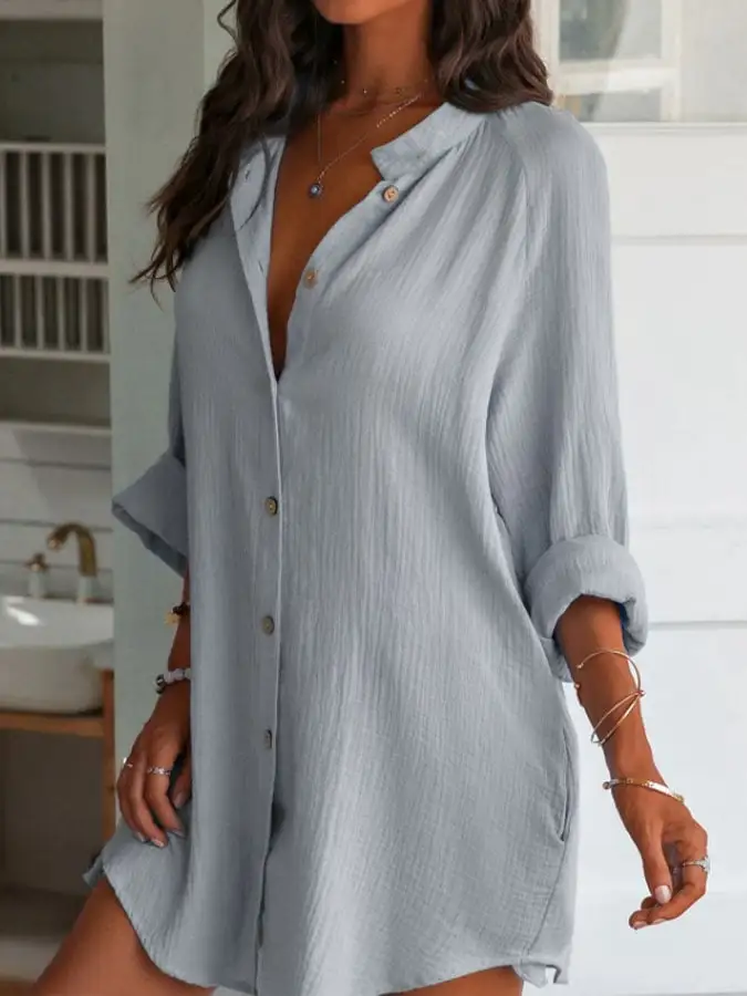 Women's Cotton Linen Loose Half Sleeve Shirt Dress
