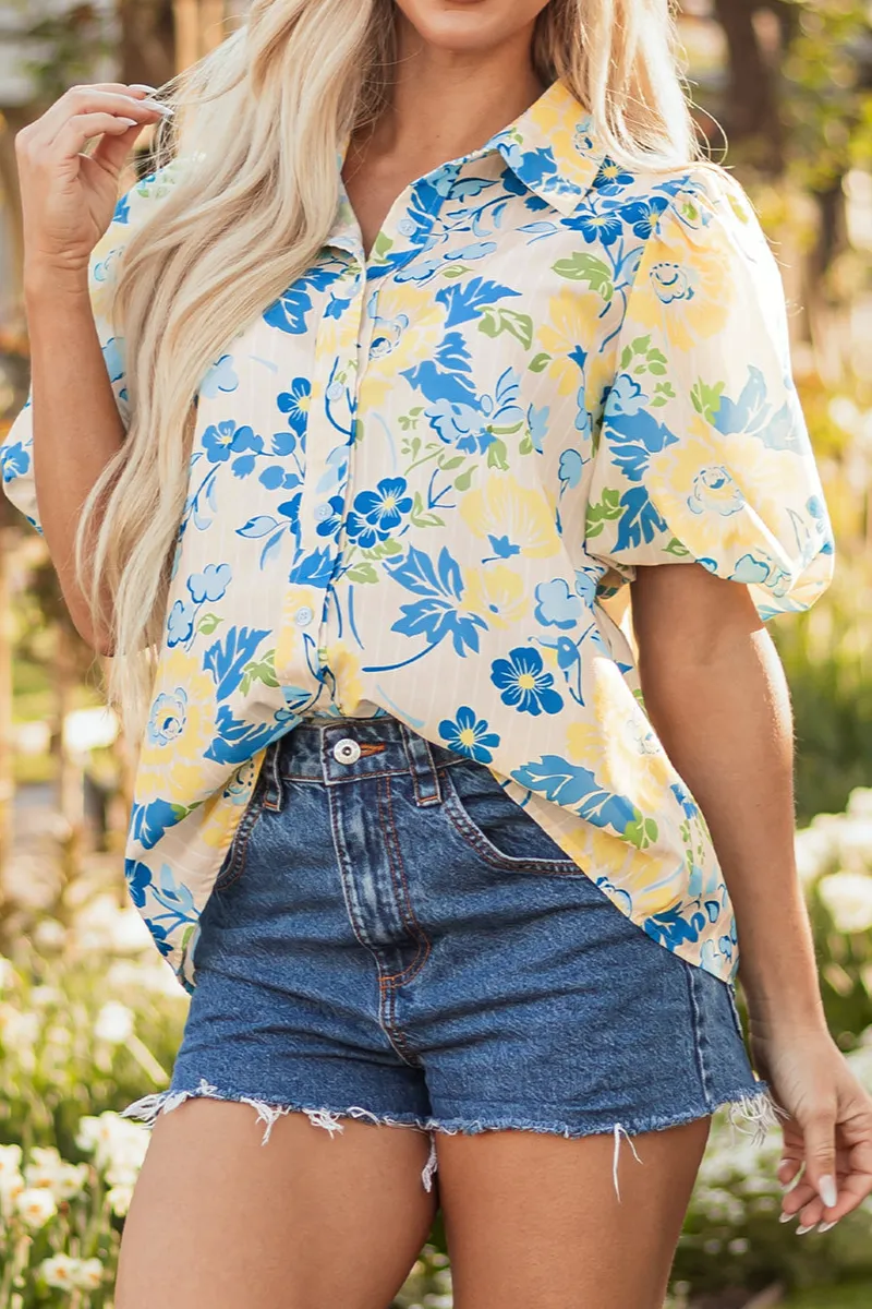 Everyday Striped Floral Puff Sleeve Blouse
