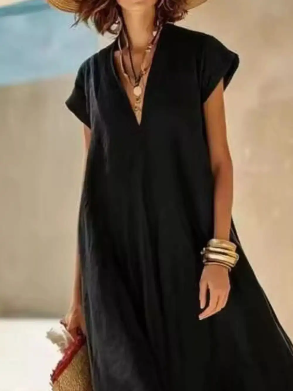 Color Block Hem V Neck Maxi Dress