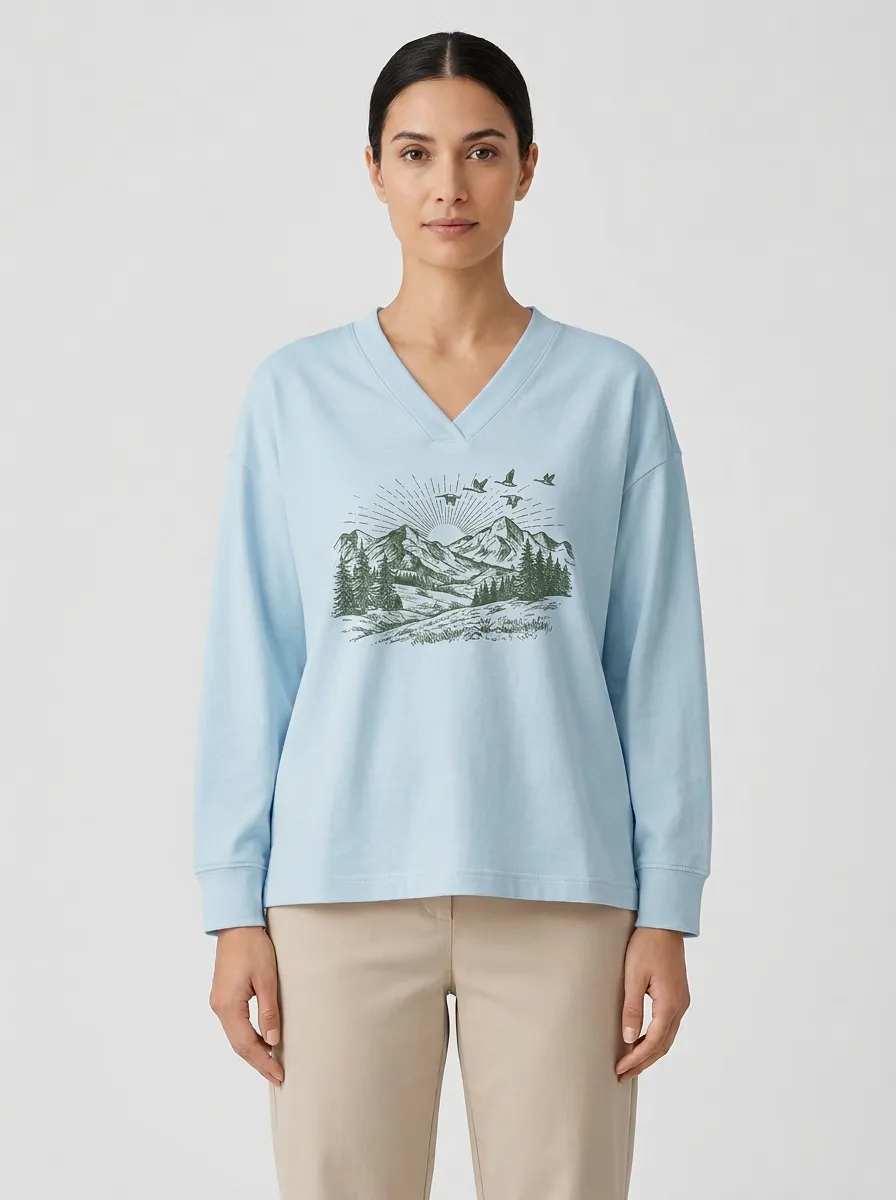 Women's Forest Graphic V-Neck Long-Sleeve Top