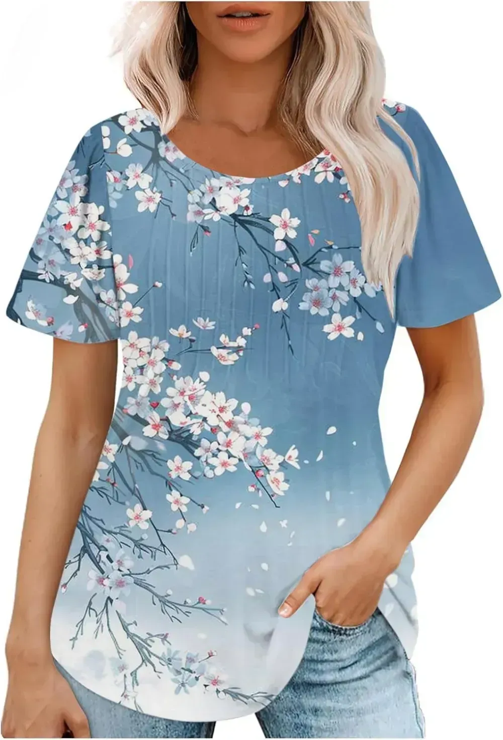 Womens Summer Pleated Front Shirts Tunics Casual Short Sleeved Loose Round Neck Boho Printed Tops Vacation Blouse