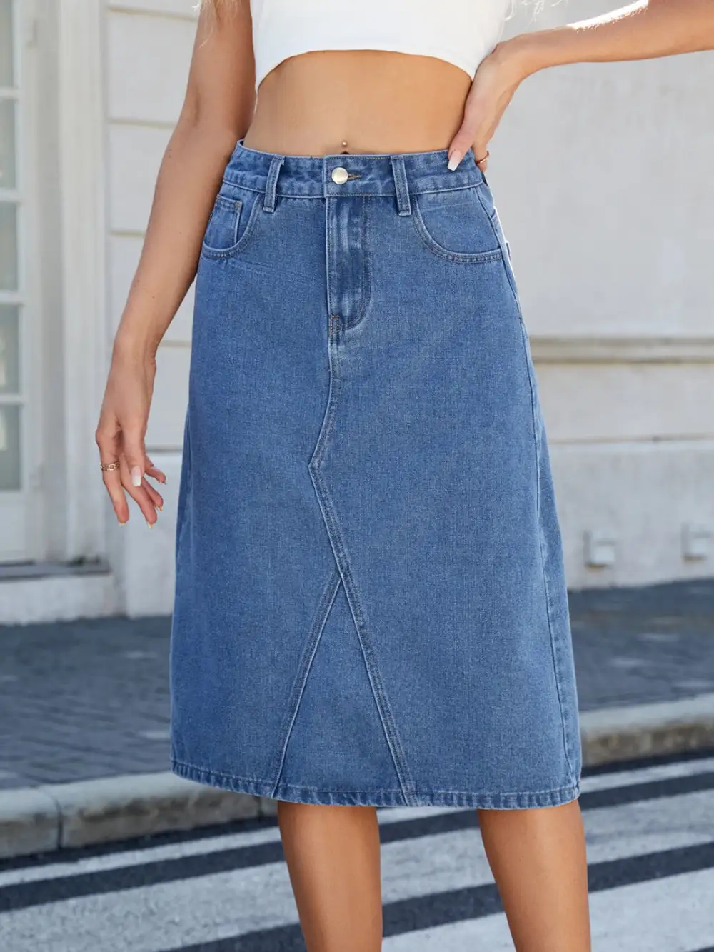 Denim Side Slit Midi Skirt