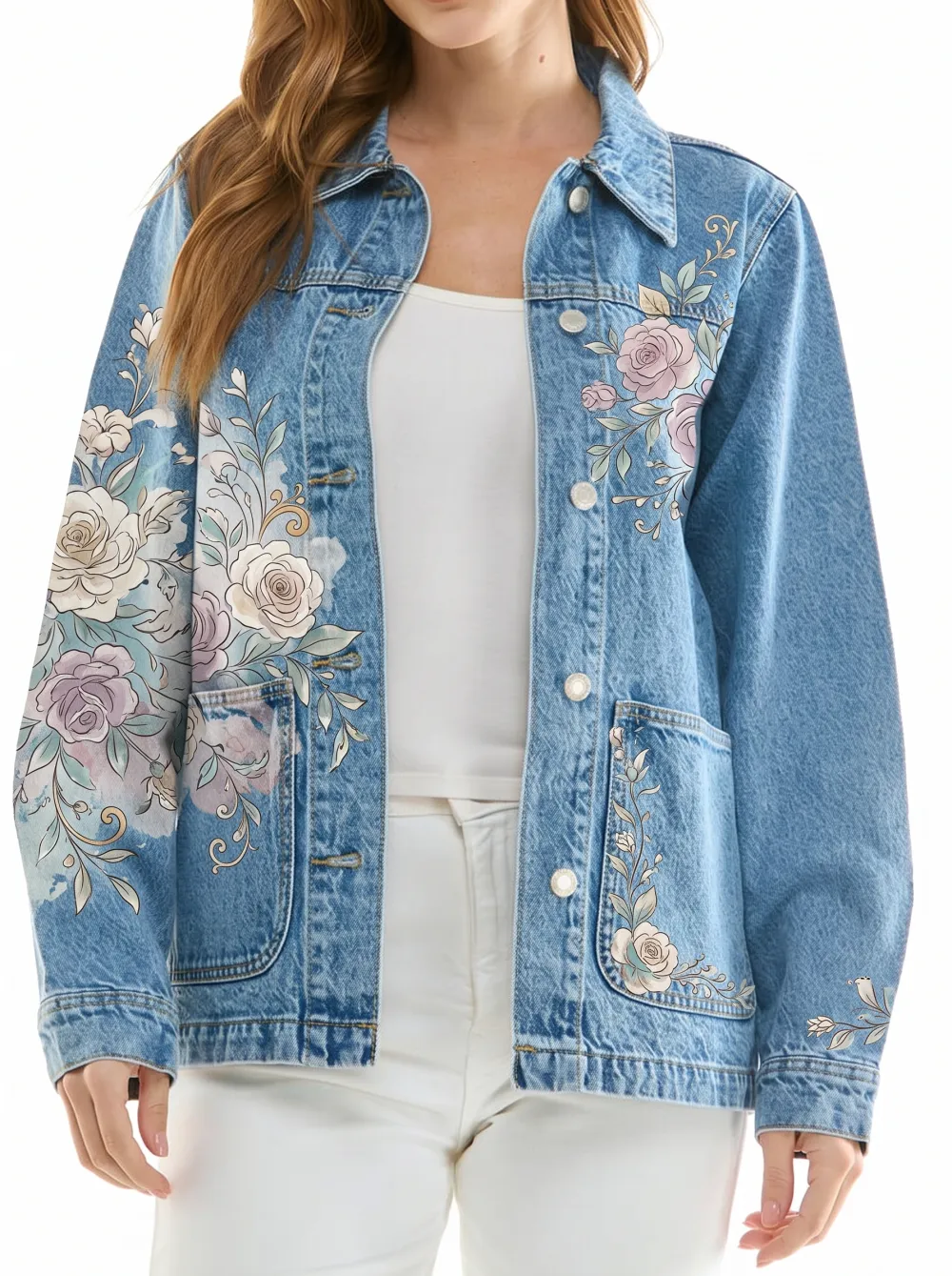 Women's Sleeve Detail Floral Lover Vintage Rose Denim Jacket