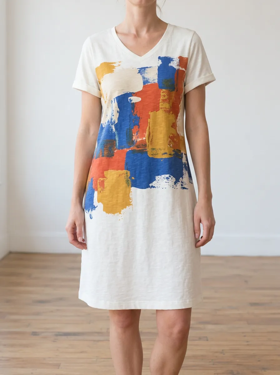 Women's Short Sleeve Abstract Print V-Neck T-Shirt Dress
