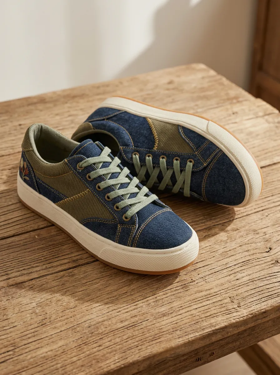 Women's Floral Denim Patchwork Embroidered Printed Sneakers
