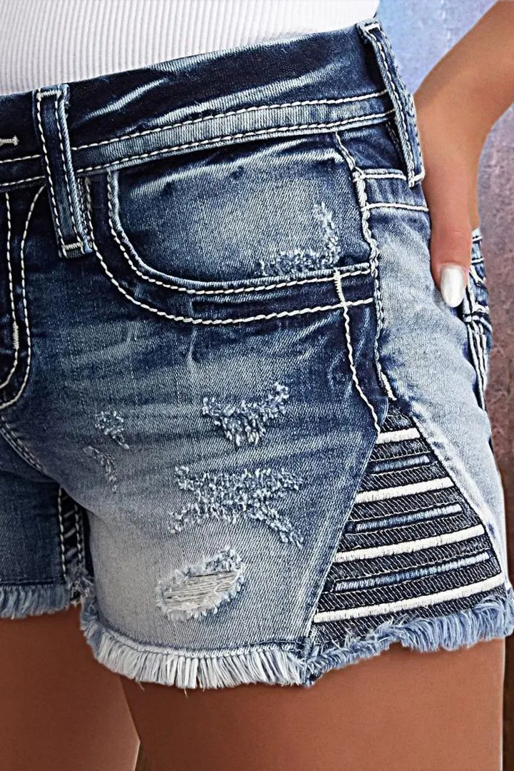 Embroidered Ripped Raw Hem Denim Shorts