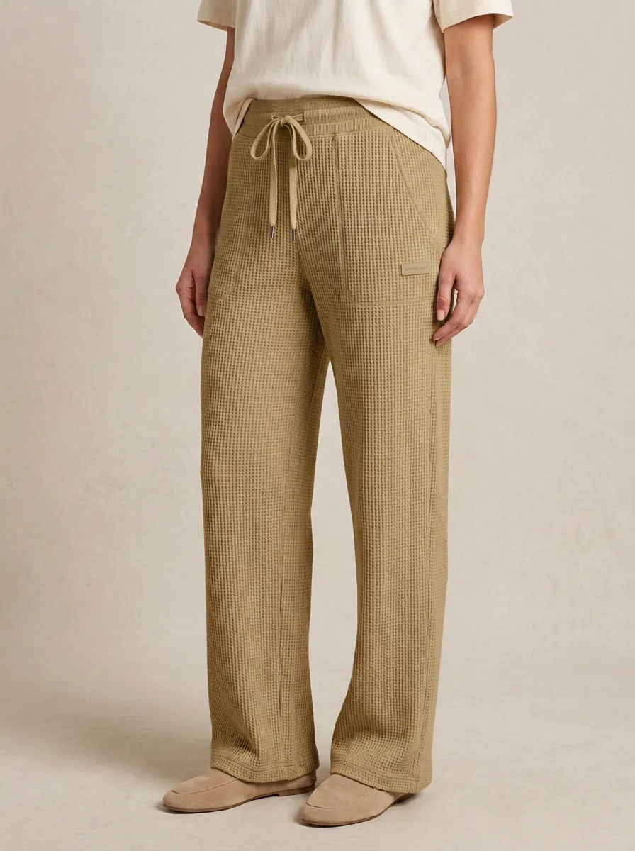 Women's Casual Lounge Waffle Knit Drawstring Wide Leg Pants