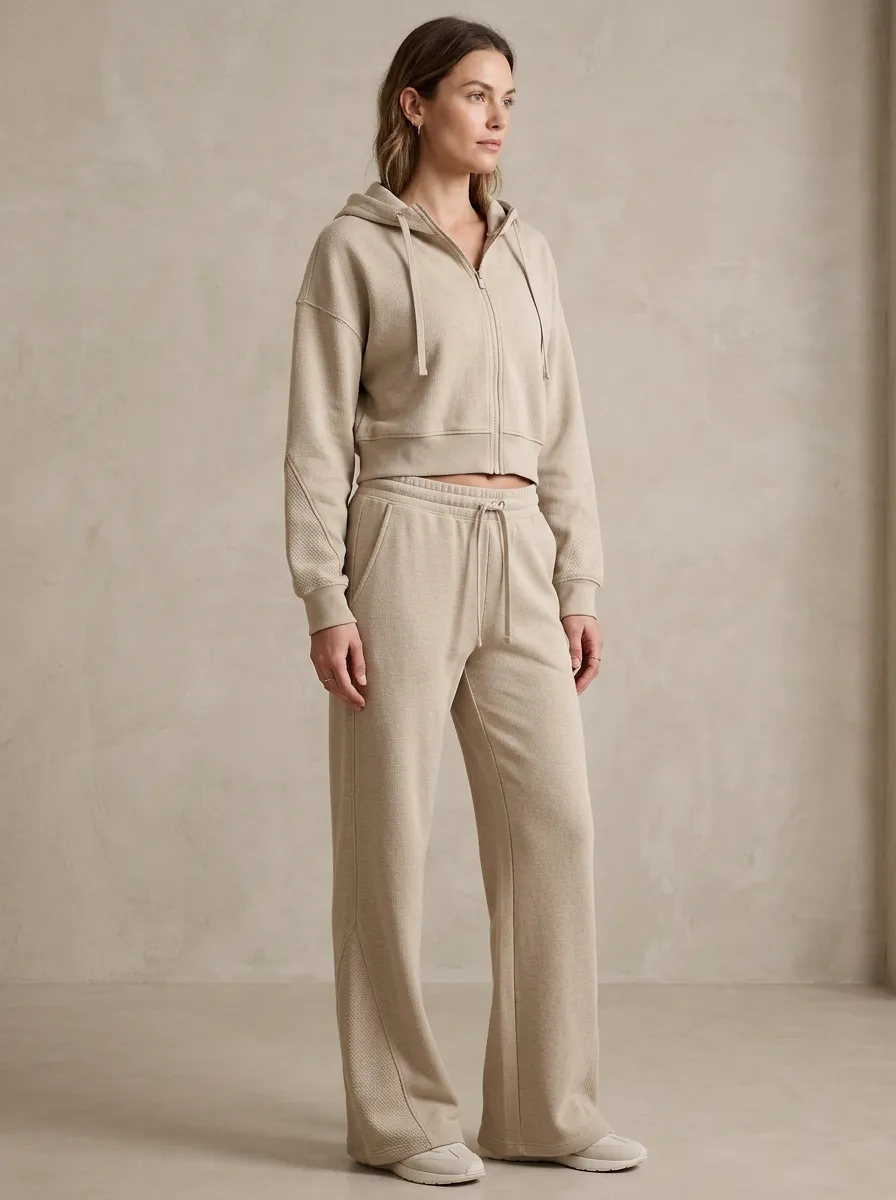 Women's Textured Cropped Hooded Jacket and Flare Pants Active Set