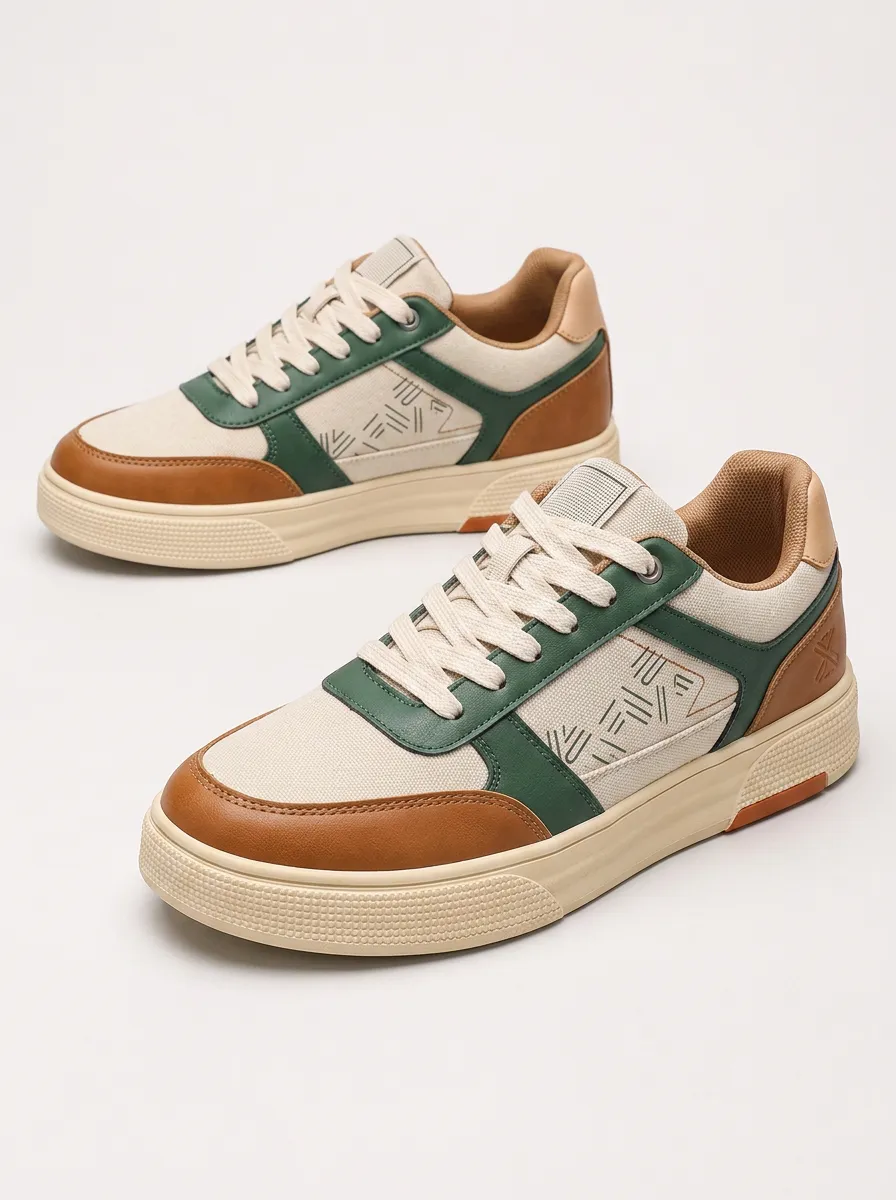 Men's Geometric Pattern Green Brown Colorblock Printed Sneakers