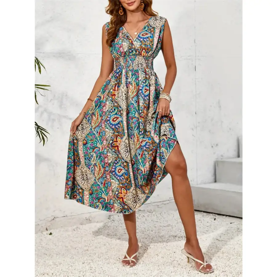 Smocked Printed Surplice Sleeveless Midi Dress