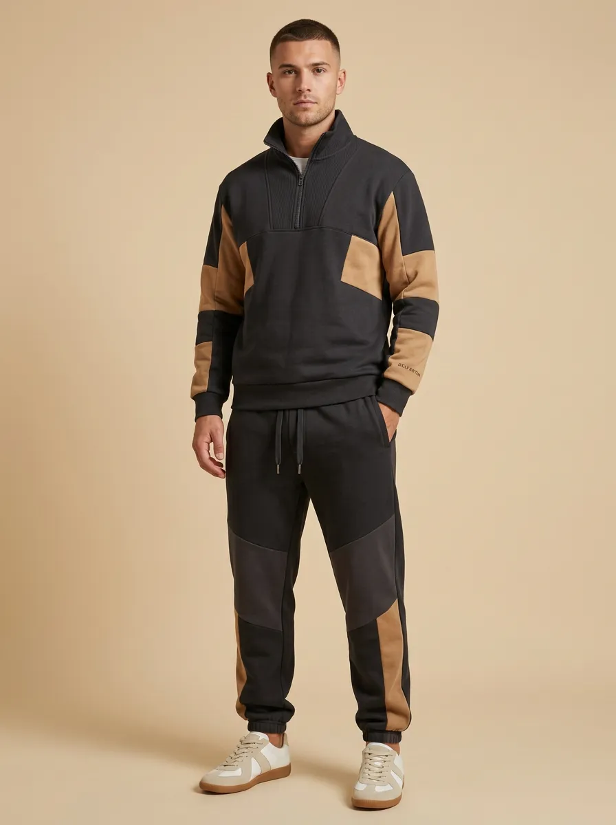 Men's Casual Sportswear Colorblock Quarter-Zip Print Jogger Set