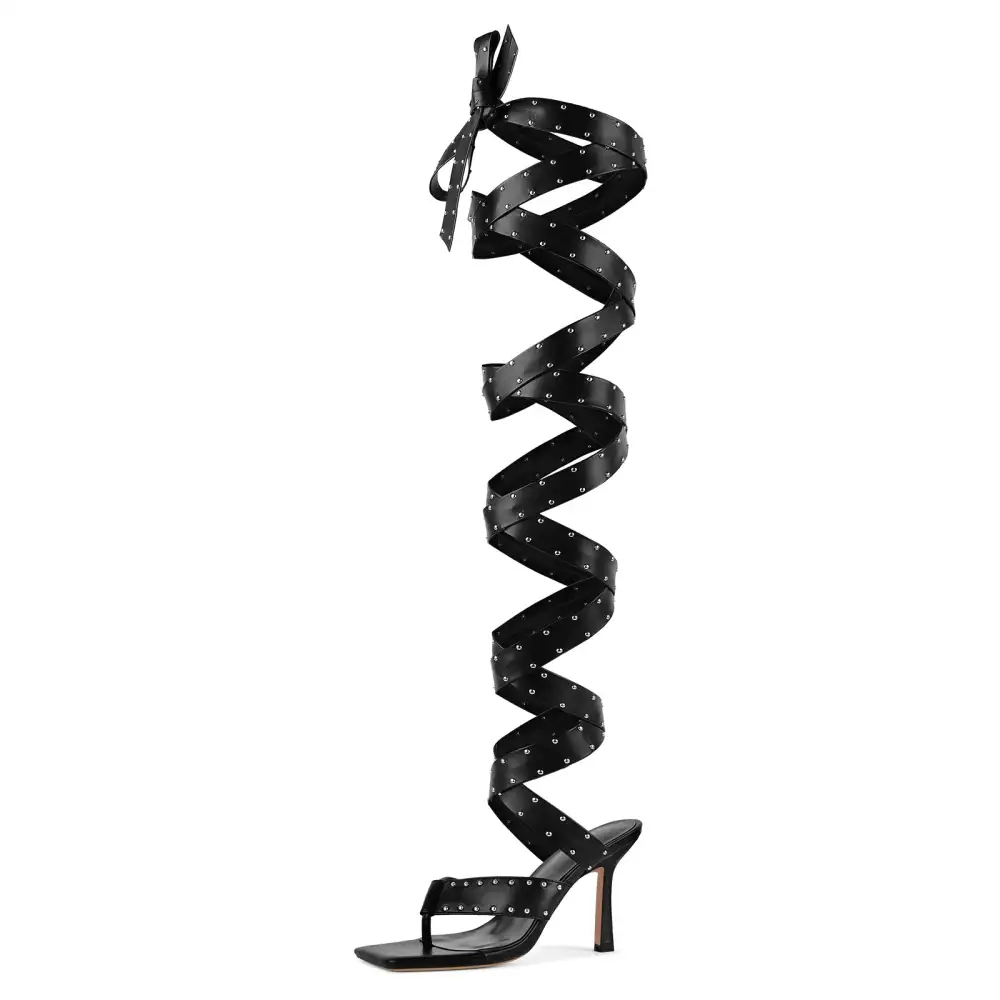 Square Toe Thong Rivet Strappy Lace Up Sandals