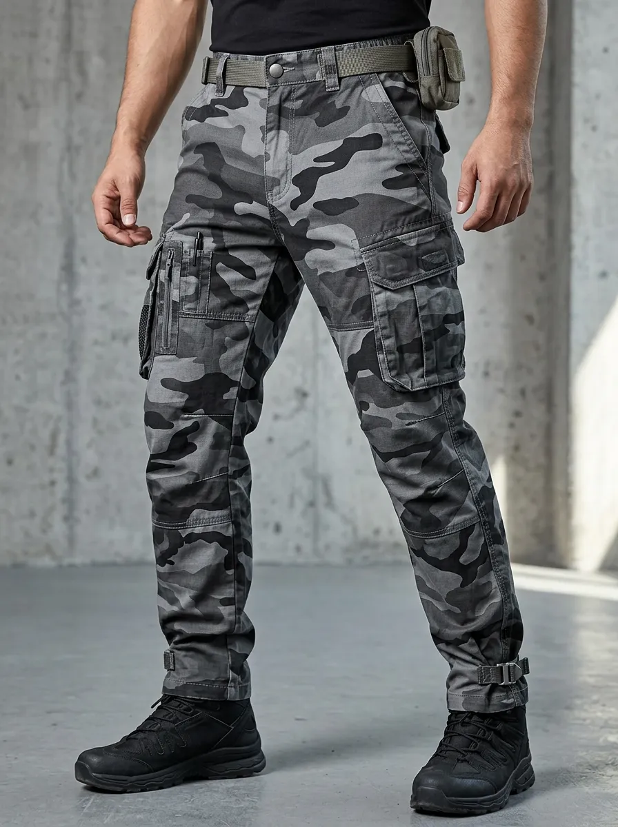 Men's Tactical Outdoor Grey Camouflage Printed Cargo Pants