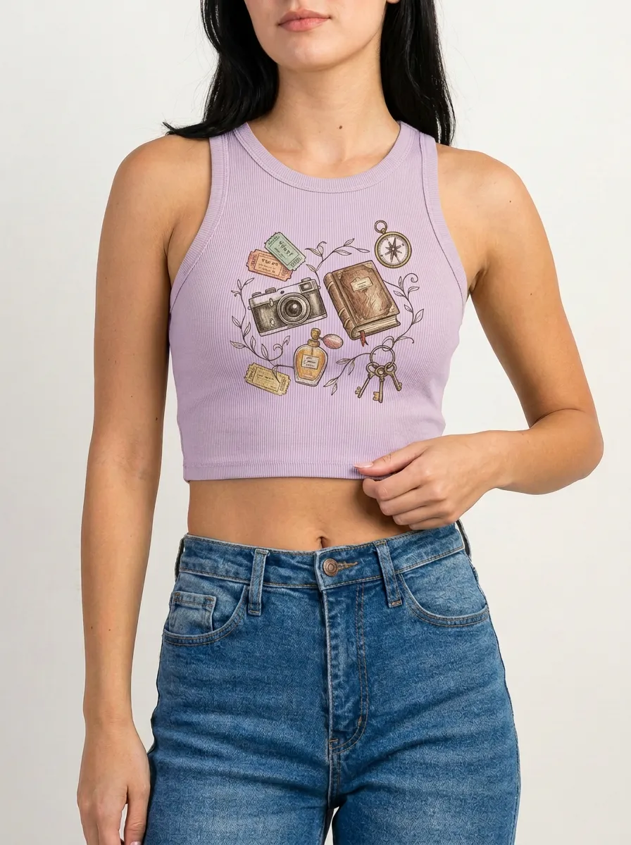 Women's Travel Camera Journal Compass Graphic Ribbed Crop Tank Top